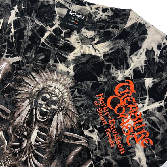 Survivors AOP Native American Skeleton Biker T Shirt Mens XL Black Studs Skulls - Picture 3 of 5